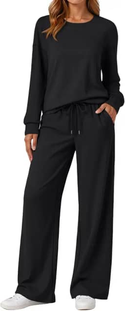 Conjunto de moletom feminino, 2 peças, conjunto combinando para viagem, aeroporto, agasalho, calça de moletom de perna larga, roupas de outono