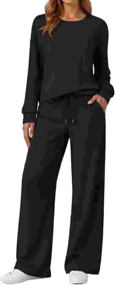 Conjunto de moletom feminino, 2 peças, conjunto combinando para viagem, aeroporto, agasalho, calça de moletom de perna larga, roupas de outono