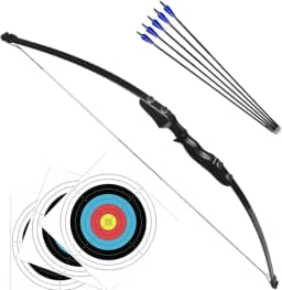 Arco e Flecha Profissional Destro 40lbs Empunhadura de Madeira Preta com 5 Flechas de Ponta de Alumínio Para Treino Arqueria Tiro ao Alvo Caça Pesca