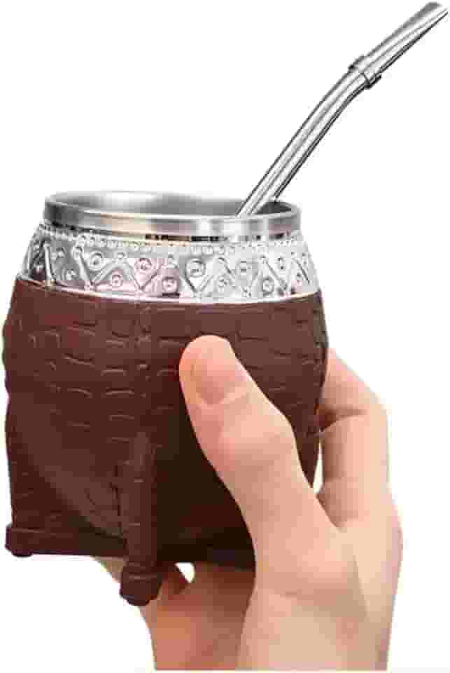 Mate Torpedo Argentino Kit Mate, Taza de te Imperial Acero inoxidável, com caneca de cuia de chá de palha uma bomba (palha), couro artesanal embrulhado ideal para presente e viagem (marrom)