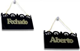 Placa Loja Aberto Fechado Acrilico Com Corrente E Ventosa preto com dourado