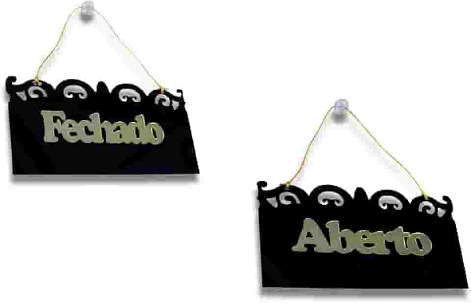 Placa Loja Aberto Fechado Acrilico Com Corrente E Ventosa preto com dourado