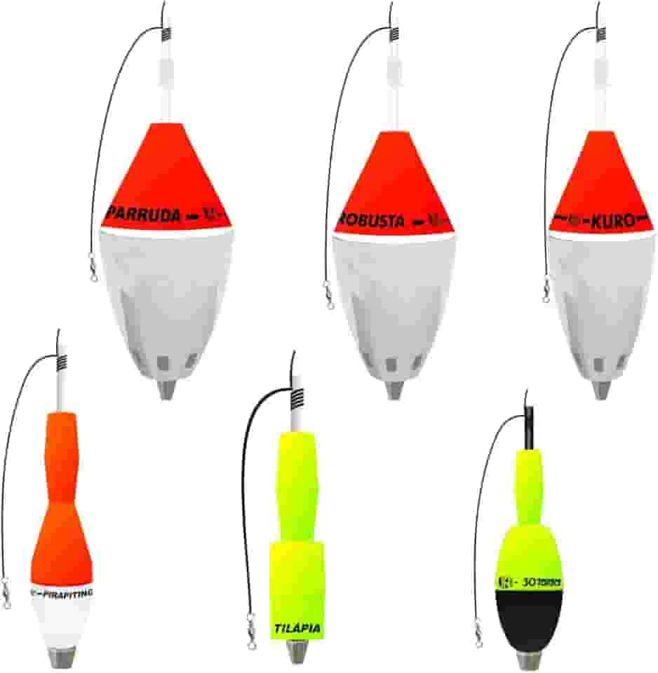 JR Pesca Kit 6 Boias – 3 Cevadeiras Copo Branco e 3 Torpedos, Precisão e Estabilidade na Pesca Cores Variadas