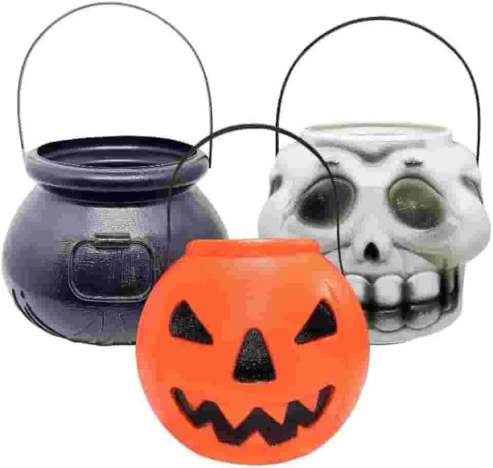 Kit Baldinhos Grande de Halloween 1 Abóbora 1 Crânio 1 Caldeirão de Bruxa