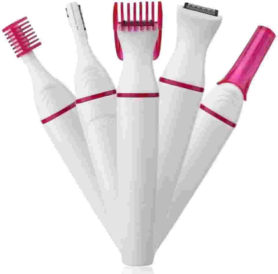 Depilador Elétrico Portátil 4 em 1, 5 Funções, Aparador de Pelos Feminino com 4 Cabeças Removíveis, Rosa