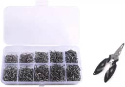 Kit de Anzóis de Pesca, 600 Peças em 10 Tamanhos, com Alicate Removedor, Caixa Organizadora