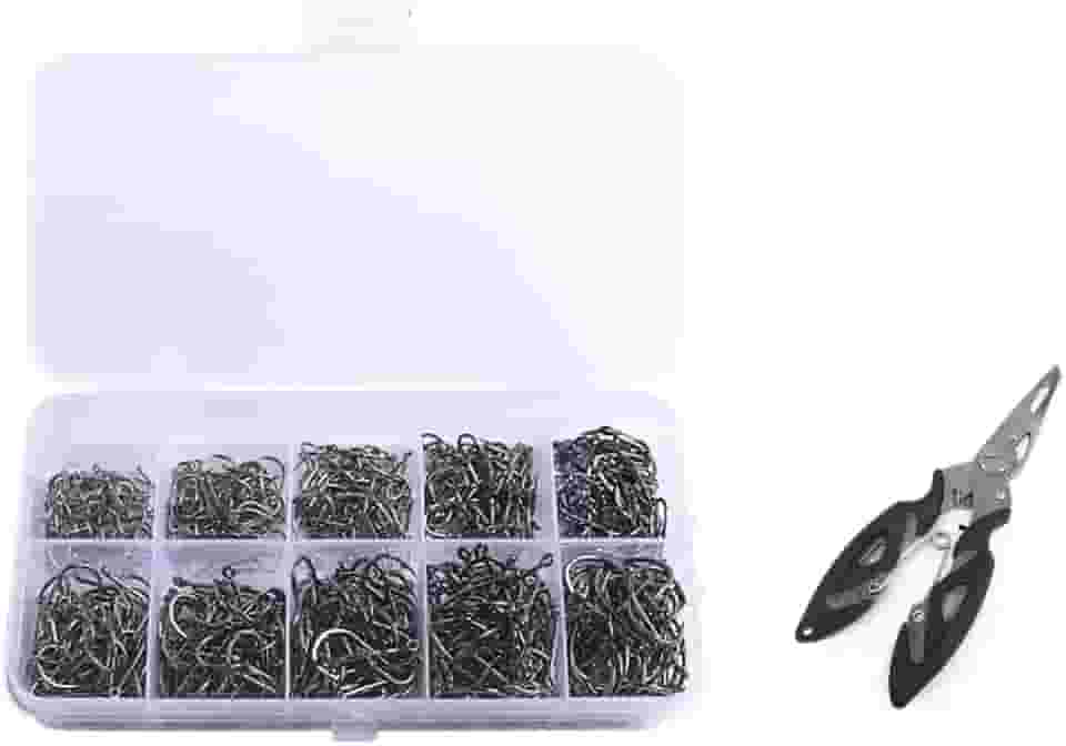 Kit de Anzóis de Pesca, 600 Peças em 10 Tamanhos, com Alicate Removedor, Caixa Organizadora