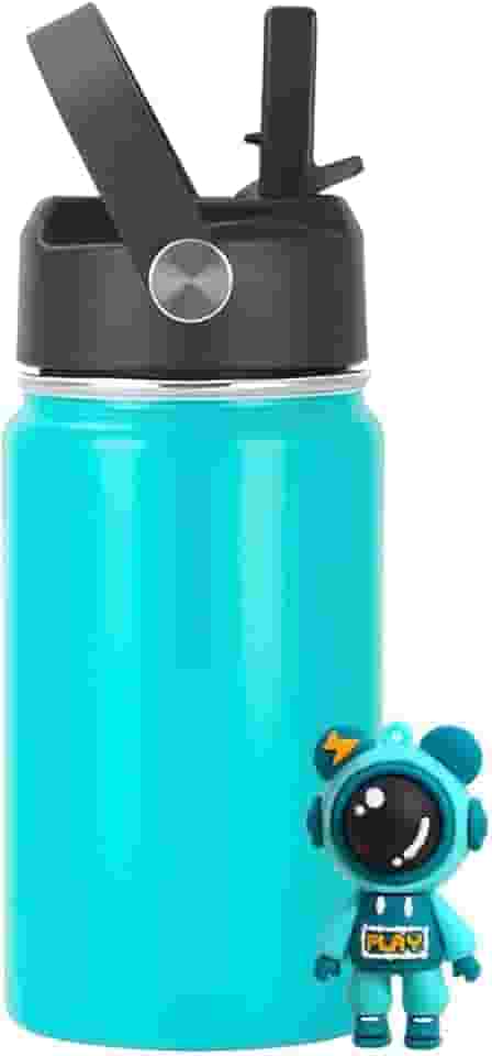 Garrafa Térmica Infantil Inox 350ml com Canudo, Alça e Antivazamento | Acompanha Chaveiro 3D (Verde Água)