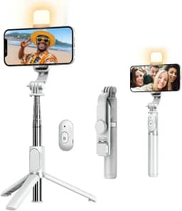 Bastão de Selfie 3 em 1 com Tripé, Luz de LED, Controle Bluetooth, Rotação 360° e Extensão até 1m – Compatível com iPhone e Android, Leve e Portátil (Branco)