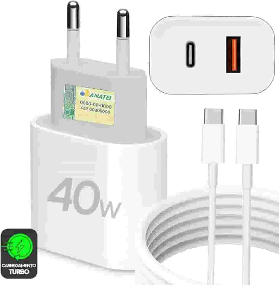 Kit Carregador Super Turbo 40W Porta Dupla (USB-C + USB-A) + Cabo USB Tipo-C, Compatível com Todos Dispositivos, Celulares Samsung, Motorola, iPhone 15/16, Tablets, Notebooks - Android e IOS