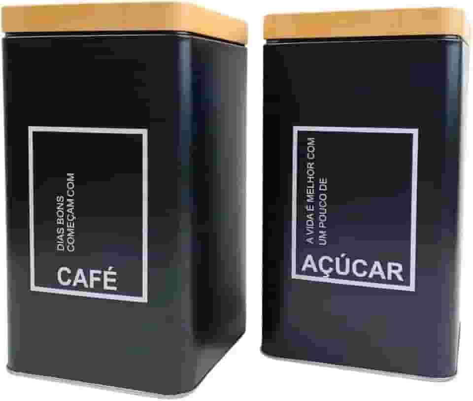 Conjunto de Potes Herméticos para Café e Açúcar Quadrado Metal Preto Fosco com Tampa na Cor Bambu Natural Decorativo Elegante Moderno Sofisticado Resistente e Boa Capacidade de Armazenamento