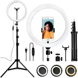 Kit Completo Iluminador Ring Light 12 Polegadas, 30 cm, com Tripé e Dimmer para Gravação Profissional - Anel de Led com Três Tonalidades de Luz