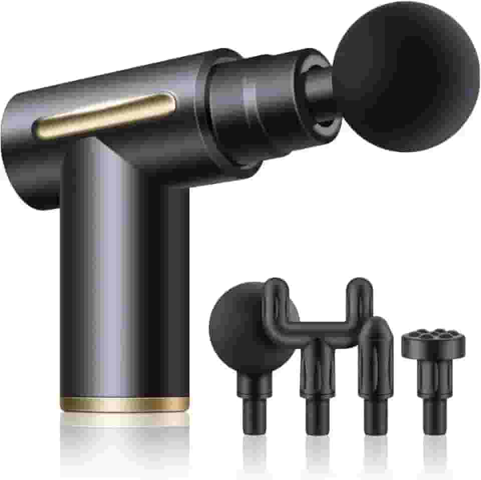 Mini Pistola Massageadora Miofascial Elétrica Portátil Profissional Mini Massageador Eletrico Recarregável Pistola de Massagem Fisioterapia Para Liberação Muscular 4 Ponteiras (Preto)