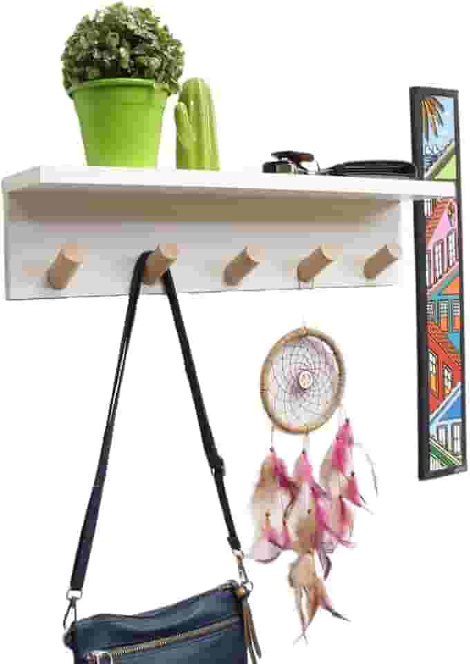 Cabideiro de Parede com Prateleira - Gancho Super Resistente - 50x10x11,5cm MDF Branco Pendurador Redondo Inclinado