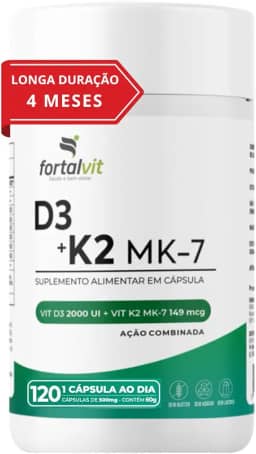 Vitamina D3 + K2 Longa Duração: 4 Meses Uso, 2000UI D3, 149mcg Vitamina K2 MK-7, 120 Cápsulas, Fortalvit