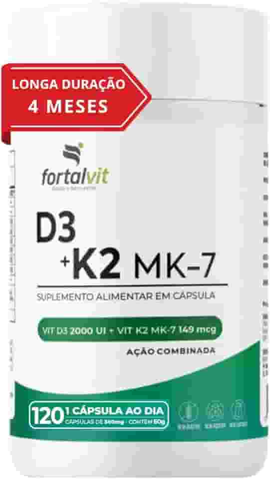 Vitamina D3 + K2 Longa Duração: 4 Meses Uso, 2000UI D3, 149mcg Vitamina K2 MK-7, 120 Cápsulas, Fortalvit