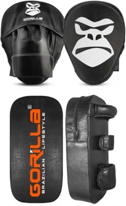 Kit Profissional Muay Thai Manopla Foco Soco Boxe + Aparador Chute Almofada Alvo De Pé Gorilla
