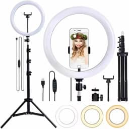 Kit de Iluminação com Anel de LED, Ring Light 26cm e Tripé Ajustável 2,1m – Luz Profissional em 3 tonalidades para Fotos, Vídeos e Lives