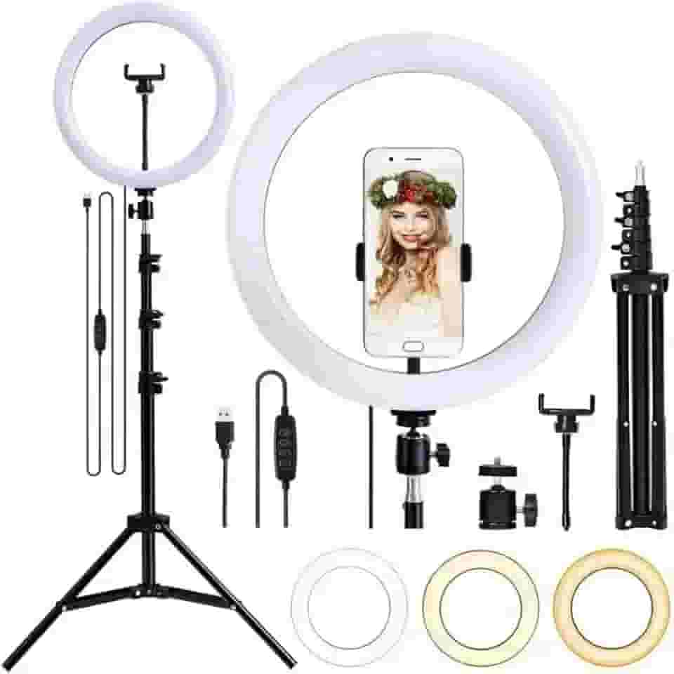 Kit de Iluminação com Anel de LED, Ring Light 26cm e Tripé Ajustável 2,1m – Luz Profissional em 3 tonalidades para Fotos, Vídeos e Lives