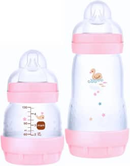 MAM Baby Kit 2 Mamadeiras Easy Start Starter Set Anticólica e Menos Bolhas de Ar, para Crianças 0+ Meses Autoesterilizável e com Bico de Silicone Skinsoft, Rosa