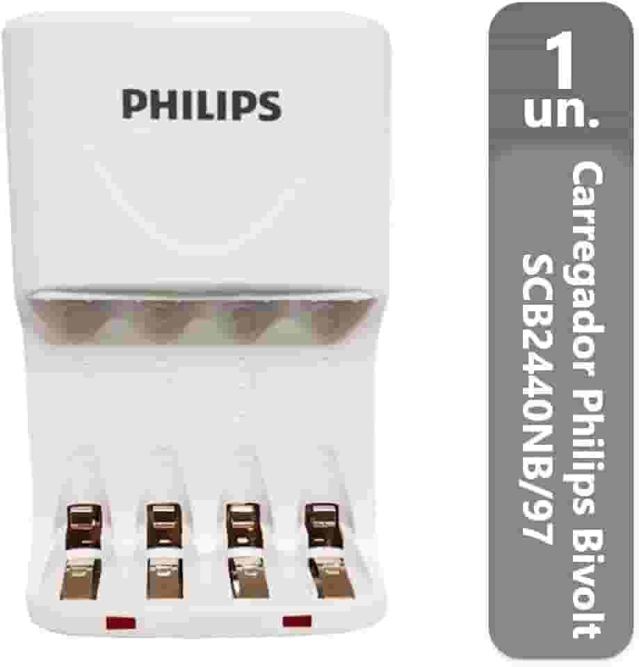 Carregador de Pilhas Philips AA AAA SCB2440NB Desligamento Automático Led Bivolt Inmetro