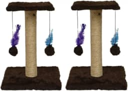 Arranhador Para Gatos Pet Poste Sisal Brinquedo Com Bolinha Pena Duas Bases(Kit 2x Marrom)