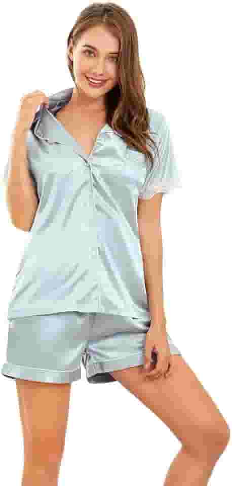 Conjunto de pijama feminino de cetim de seda de duas peças, roupa de dormir, roupa de dormir, conjunto de shorts com botões e bolsos
