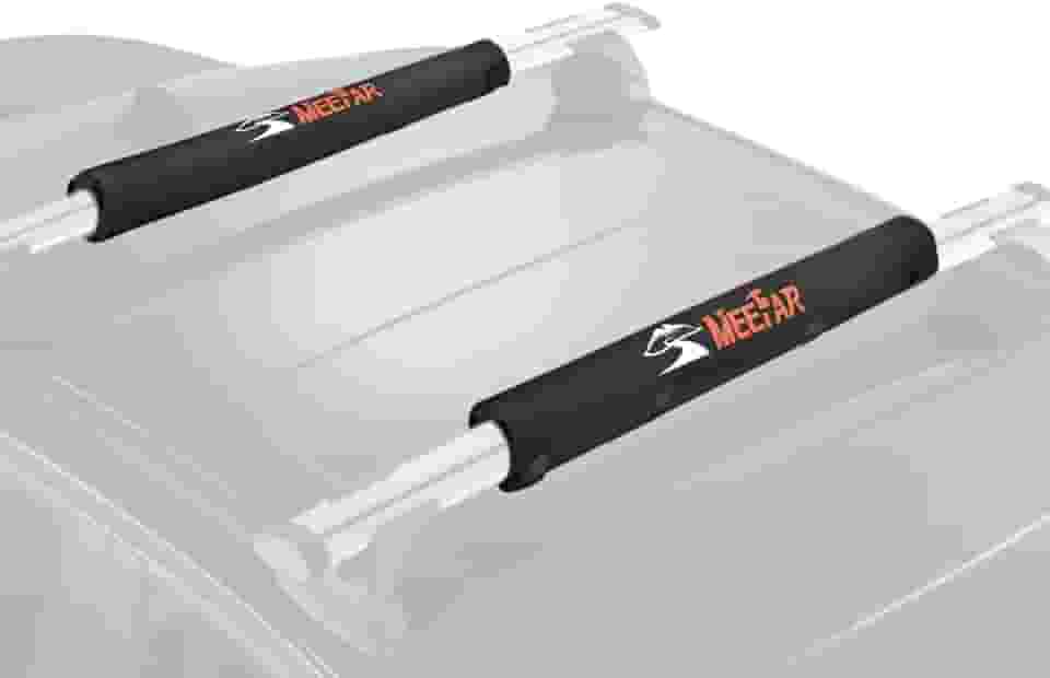 MeeFar Suporte De Teto Universal Para Carro, Sistema Transporte Bagagem Caiaque, Prancha Surfe, Canoa, Inclui 2 Cintas Amarração Resistentes, Corda E Cinta Laço Rápido (Uso Com Barra Transversal)