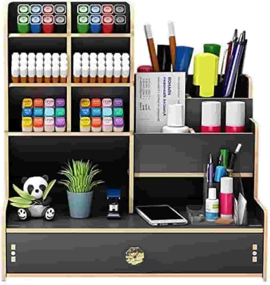 SZOMH Estante de mesa organizadora de madeira, suporte de armazenamento multicamadas para maquiagem, organizador de maquiagem, suporte de caneta
