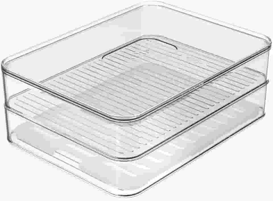 "Kit Organizadores Porta Frios Duplo Ou Com Divisória e Tela Interna Com Ranhuras Separador De Alimentos Organizador de Geladeira Transparente Tamanho 20X15X7,7 CM" (1)