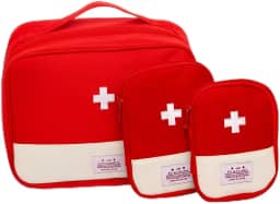 Kit 3 Necessaires Primeiros Socorros e Porta Medicamentos Vermelho em Nylon Resistente – Organização Completa para Viagens, Casa e Emergências