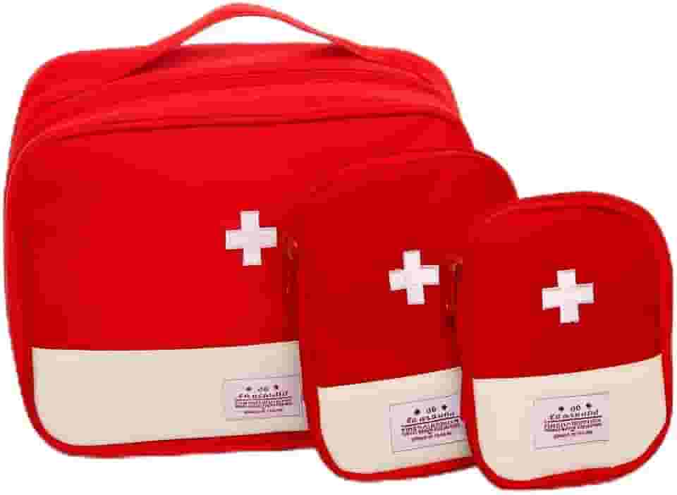 Kit 3 Necessaires Primeiros Socorros e Porta Medicamentos Vermelho em Nylon Resistente – Organização Completa para Viagens, Casa e Emergências