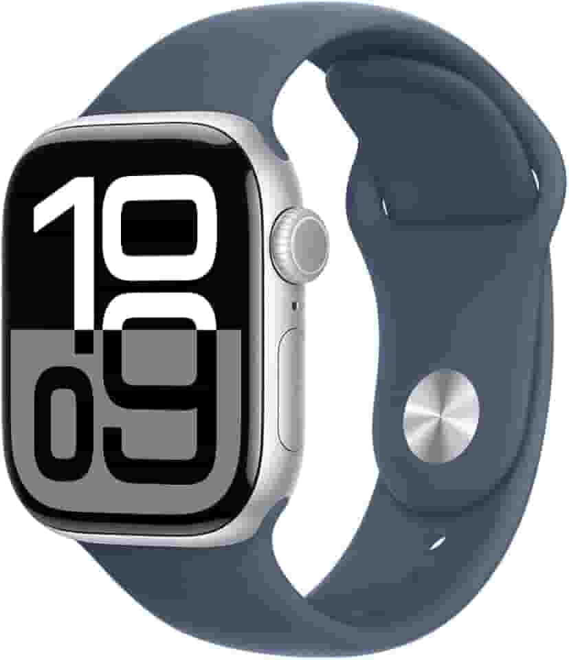 Apple Watch Series 10 GPS • Caixa prateada de alumínio – 42 mm • Pulseira esportiva denim – P/M