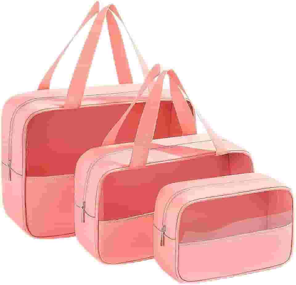 Kit Necessaire Transparente 3 em 1 Bolsa de Viagem para Maquiagem e Higiene Pessoal Unissex – Grande Capacidade, Organizador em PVC Impermeável, Ideal para Academia, Mala, Mala de Mão (Rosa)