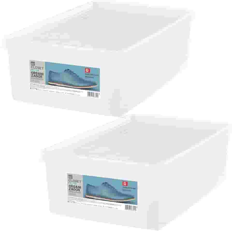 2 Caixas Plásticas Organizadoras com Tampa para Sapatos Calçados 38 a 46 Empilháveis Ordene