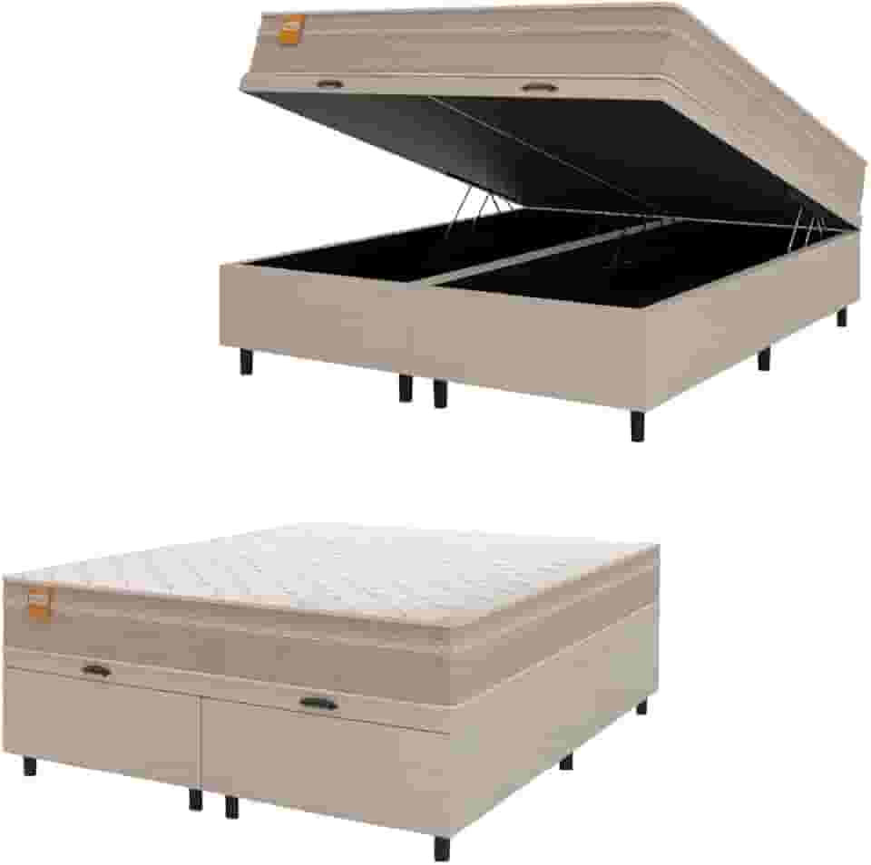 Cama Box Baú Casal Queen Colchão Molas Qatar 158x198x63cm Bege/Branco Inducol - Suporta Até 200 Kg Por Pessoa