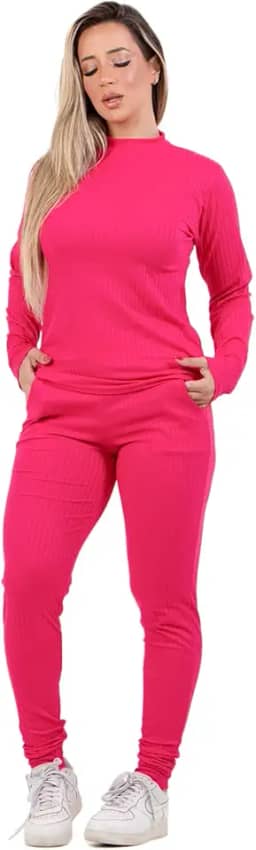 Conjunto Canelado Manga Longa Blusa Canelada Calça Jogger Cintura Alta Liso Rosa Adulto Feminino