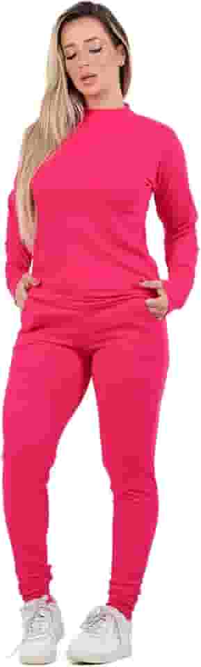 Conjunto Canelado Manga Longa Blusa Canelada Calça Jogger Cintura Alta Liso Rosa Adulto Feminino