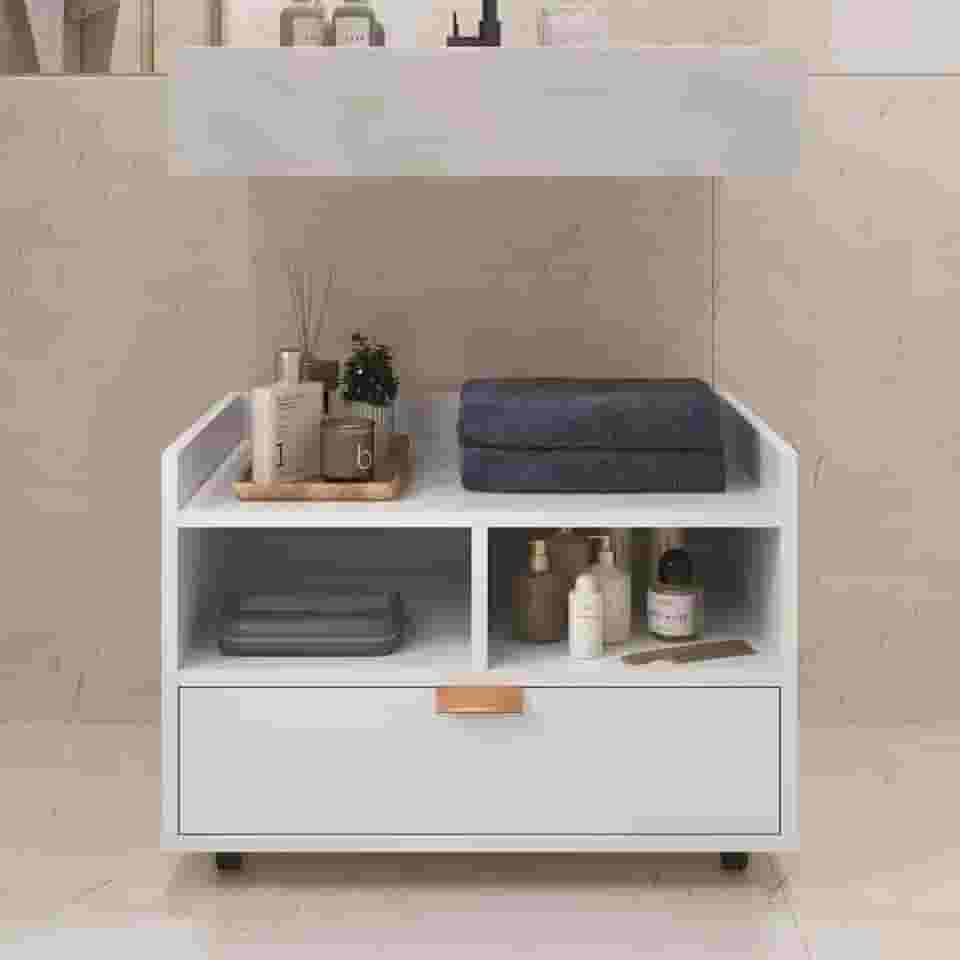 Gabinete Para Banheiro Armário Organizador Com Gaveta e Rodízios Cobreado Berlim (Branco)