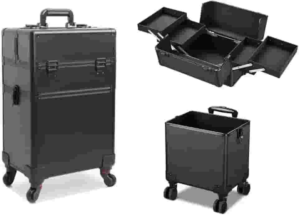 Maleta Mala de Maquiagem Profissional Com Divisórias e Rodinha 360 Graus 2 Andar Preta MS814 914P