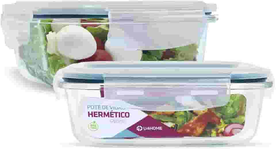 KIT 2 Potes de Vidro Retangular com Tampa Hermética 640ml Cor:Azul (QH)
