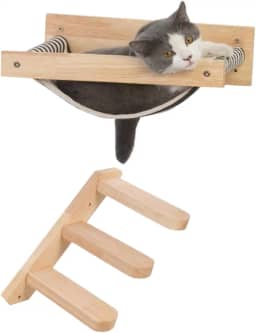 Cama rede suspensa para gatos com escada de madeira natural