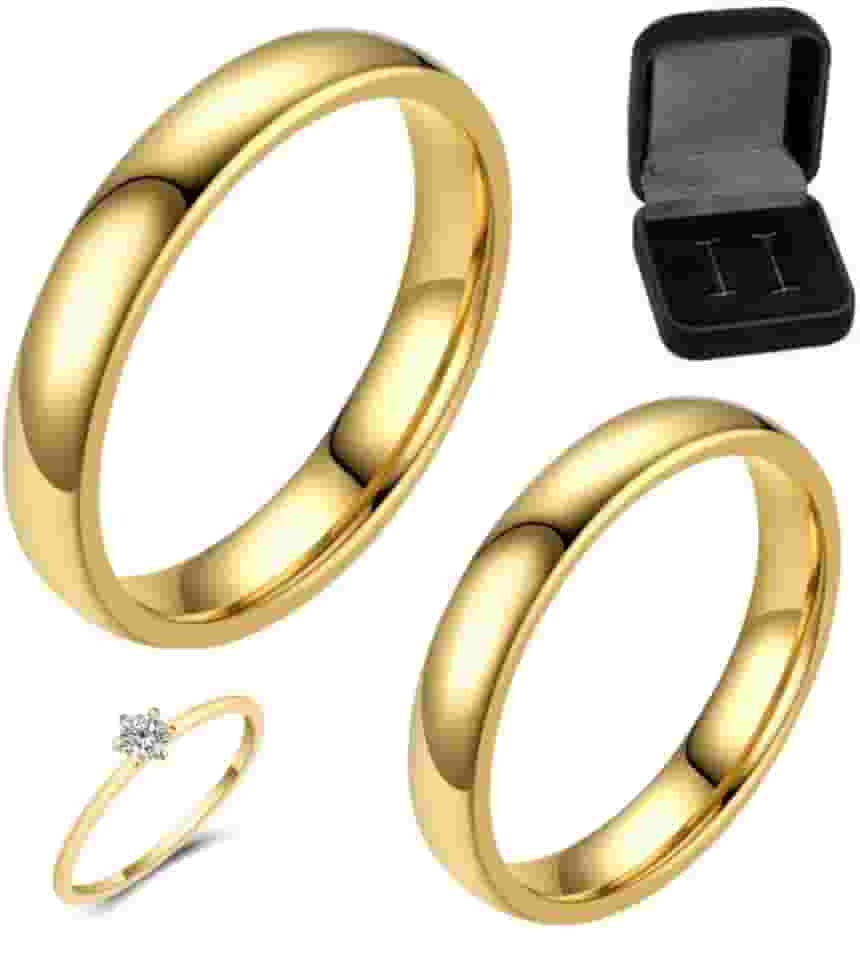 Par de Aliança de Casamento Ouro 24k Tradicional 4mm Banho de 10 milésimos Noivado com Solitario