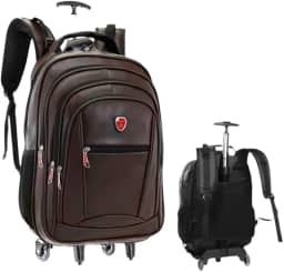 Mochila com Rodinhas, Couro PU, USB, Trava Anti-furto, Compartimento para Notebook (Marrom)