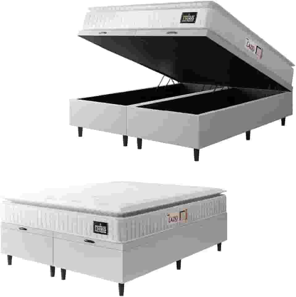 Cama Box Baú Casal Queen Colchão Espuma D45 Lazio Pillow Top 158x198x65cm Branco Hellen – Suporta Até 150 Kg Por Pessoa