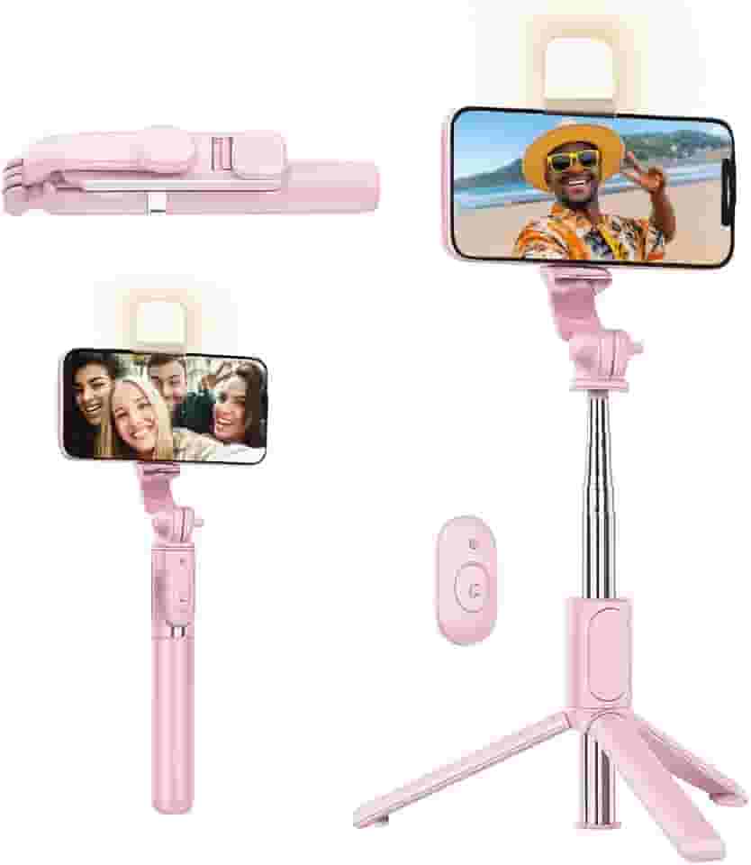 Bastão de Selfie 3 em 1 com Tripé, Luz de LED, Controle Bluetooth, Rotação 360° e Extensão até 1m – Compatível com iPhone e Android, Leve e Portátil (Rosa)