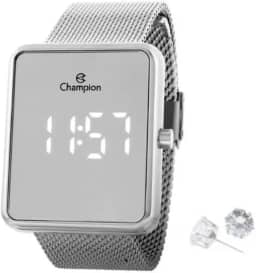 Relógio Feminino Champion Digital Espelhado Prata + Colar e Brincos CH40080S