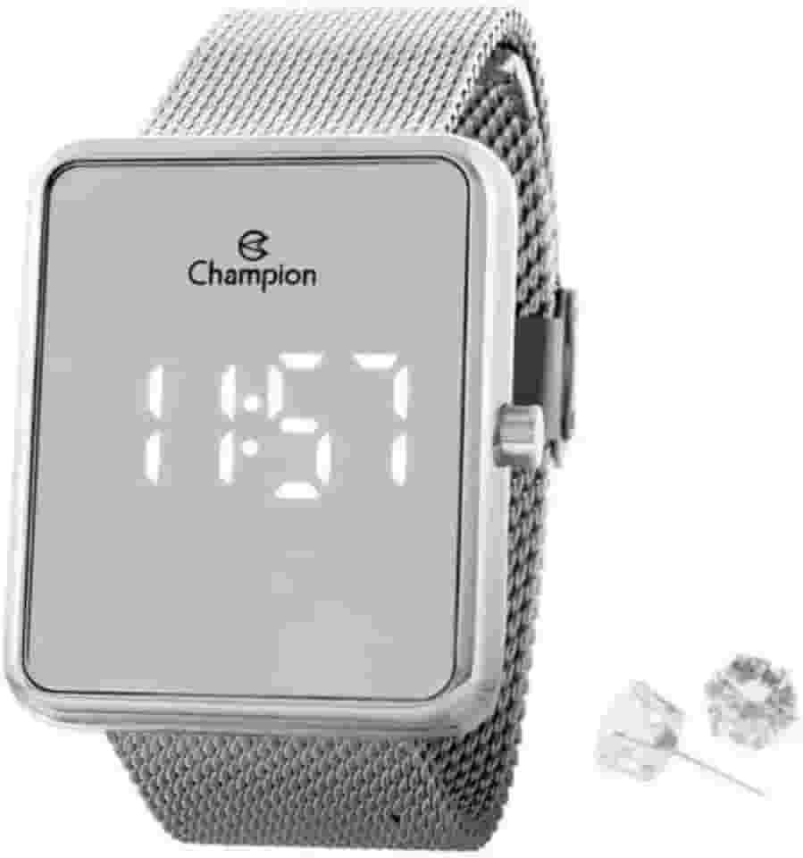 Relógio Feminino Champion Digital Espelhado Prata + Colar e Brincos CH40080S