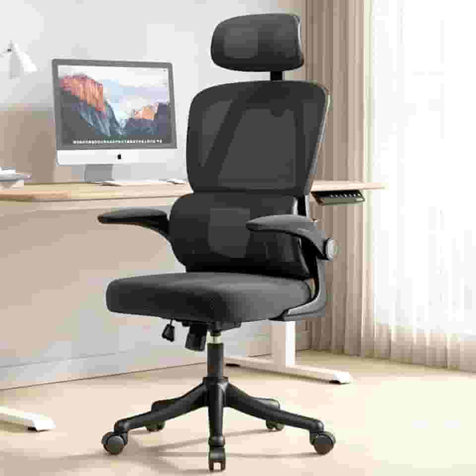 Cadeira de escritório ergonômica, cadeira de jogos de computador com encosto alto, confortável, grande e alta, cadeira de escritório em casa com suporte lombar, cadeira reclinável de malha (Preto)