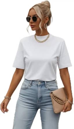 T-shirt Camiseta Básica Feminina Gola Alta, 100% Algodão, Manga Oversized